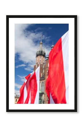 Flags of Poland, Krakow, Main Market, Virgin Mary Church