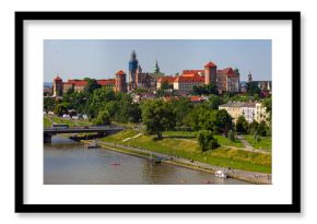 View from above on historic Wawel castle, Saints Peter and Paul Church and St. Mary's Basilica at Krakow, Poland. View from from observation deck on tethered balloon