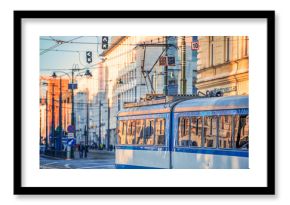 17/02/2019 Krakow, Poland, the city's blue trams are moving in the center of the old city