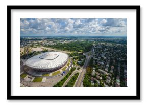 An aerial view of Warsaw, Poland from a helicopter