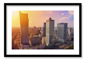 Warsaw downtown - aerial photo of modern skyscrapers at sunset