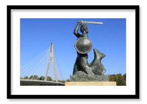 Warsaw, Mermaid statue and Swietokrzyski bridge across the Vistula river