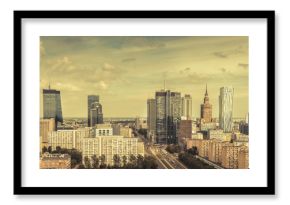 Warsaw Downtown with clouds, Poland. Vintage colors