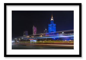 Palace of Culture in Warsaw at night time.