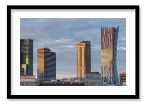 Sunset over Warsaw city panorama