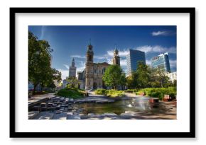 Grzybowski Square in Warsaw in a new view with an interesting fountain, the church of the Holy Spirit and Palace of Culture and Science