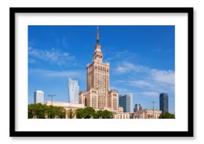 Warsaw city center with Palace of Culture and Science (PKiN), a landmark and symbol of Stalinism and communism, and modern sky scrapers.