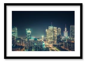 Warsaw downtown at night, Poland. Wide angle. Vintage colors
