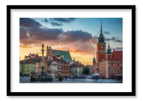 Royal Castle, ancient townhouses and Sigismund's Column in Old town in Warsaw, Poland. Evening view, long exposure.