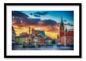 Panoramic view on Royal Castle, ancient townhouses and Sigismund's Column in Old town in Warsaw, Poland. Evening view.