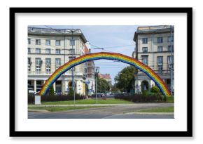 An artistic construction of rainbow on Savior Square in Warsaw