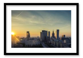 Warsaw downtown sunrise aerial view, Poland