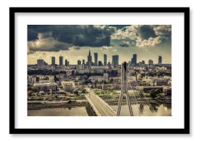 Warsaw skyline behind the bridge vintage view, Poland