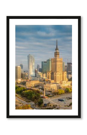 Warsaw downtown sunrise aerial view, Poland