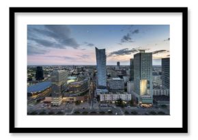 Aerial view of Warsaw downtown at dusk time