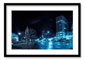 Night skyline of Warsaw with soviet era Palace of Culture and science and modern skyscrapers. 360 degree panoramic montage from 20 images