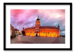 Warsaw Royal Castle Square sunrise skyline, Poland. 360 degree pnanoram from 28 images with post processing effects