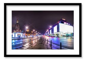 Night skyline of Warsaw with soviet era Palace of Culture and science. 360 degree panoramic montage from 20 images