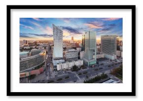 Warsaw city with modern skyscraper at sunset, Poland