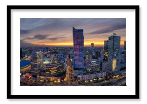 panoramic view of modern sentrum Warsaw during sunset