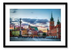 Panoramic view on Royal Castle, ancient townhouses and Sigismund's Column in Old town in Warsaw, Poland. Evening view.