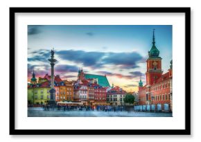 Panoramic view on Royal Castle, ancient townhouses and Sigismund's Column in Old town in Warsaw, Poland. Evening view.