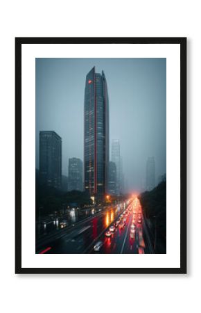 Dramatyczny widok miasta nocą lub w deszczowy dzień. Długi wieżowiec dominuje nad autostradą, na której samochody tworzą smugi światła.