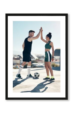 High five, happy and football friends for celebration, winner and partnership with success, goal and support in a city. Soccer, team and happy football people with ball, motivation or fitness outdoor