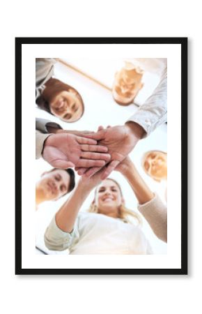 Business people, hands stack and circle with smile, team building and support for goals in workplace. Men, women and teamwork with solidarity for happiness, motivation and trust with diversity at job