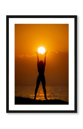 Woman Silhouette with Sun Disk in Hands. Religion and Spirituality Concept. 
