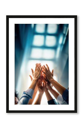 Working together concept with hands united together in the air,  Generative AI illustration