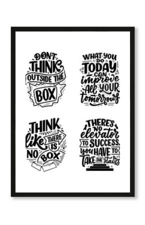 Set with hand drawn lettering quotes in modern calligraphy style about business motivation. Inspiration slogans for print and poster design. Vector