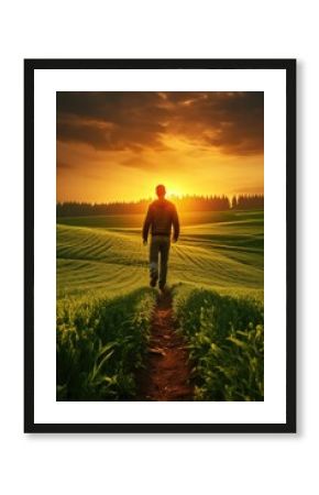 A man walking towards the sun in a field. Suitable for outdoor and motivational concepts