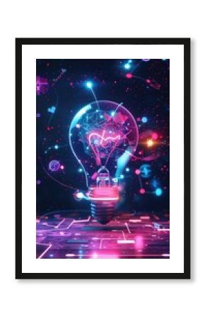 Engaging tech talk, neon abstract ideas floating, focused speaker, inspirational backdrop