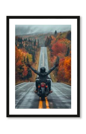 man motorcycle arms outstretched road foliage clothing perspective giving middle finger view high red wings pure joy visualize motivation fall season profile