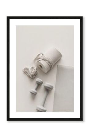 Minimalist flat lay of light gray fitness equipment on a neutral backdrop