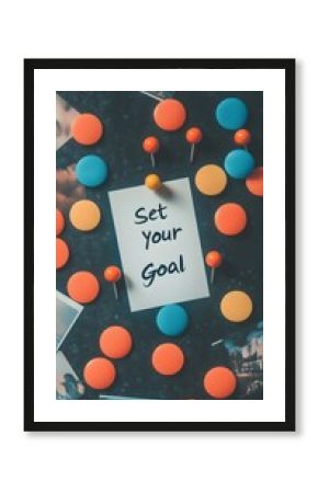 Set Your Goal   Inspiration Board with Colorful Push Pins and Photos