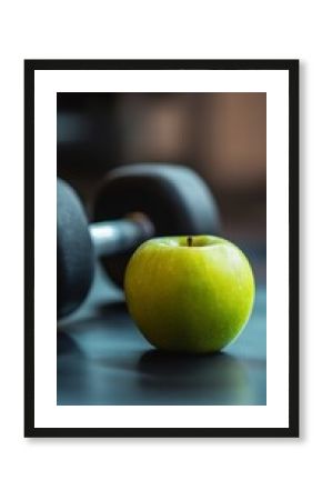 green apple with dumbbell in gym setting, fitness and health concept