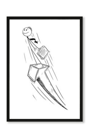 Cartoon stick man drawing conceptual illustration of businessman standing on the growth arrow going high to the sky. Business concept of success and growth.