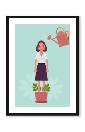 Growing female talent, business, personal development. Helping woman grow in plant pot, watering to support, make strong, healthy, professional growth, training. Vector flat style cartoon illustration