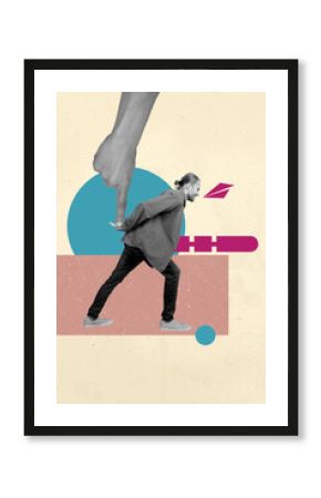 Vertical sketch 3d collage poster of puzzled businessman carry hand point pressure burden development aim achievement concept