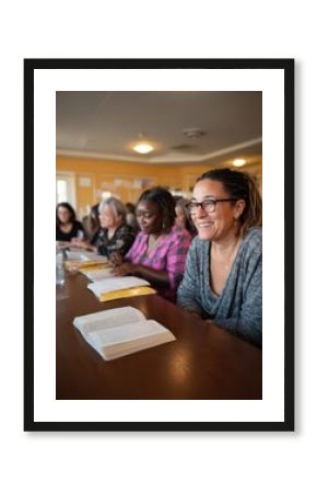 Participants in a warm community setting actively learn in an adult literacy program. Individuals are sharing experiences and improving their reading skills for personal and professional development