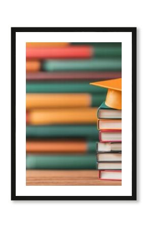 Graduation cap elegantly positioned on a stack of books signifying academic success and knowledge