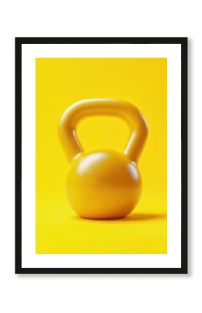 A vibrant yellow kettlebell against a solid yellow backdrop, symbolizing fitness and strength.