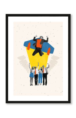 Team Lift-Off. Conceptual collage. Confident businessman launches from group as rocket, cheered by teammates below, symbolizing leadership. Concept of career rise, achievement, ambition.