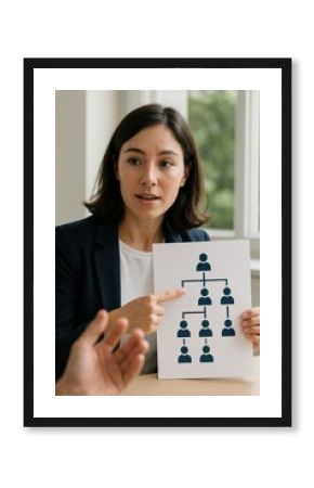 Corporation structure negotiation concept. Woman presenting a flowchart during a business meeting.