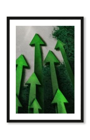 Green arrows pointing upwards create a dynamic abstract pattern on a textured surface emphasizing growth and progress