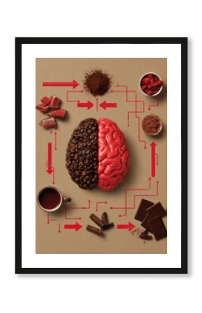 Brain Icon With Coffee Tea Chocolate and Red Arrows Indicating a Delicious Connection to Energy and Focus