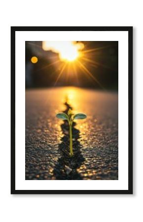 Sprout growing through road crack at sunset