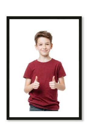 Smiling boy in a red t-shirt gives two thumbs up against a white background.